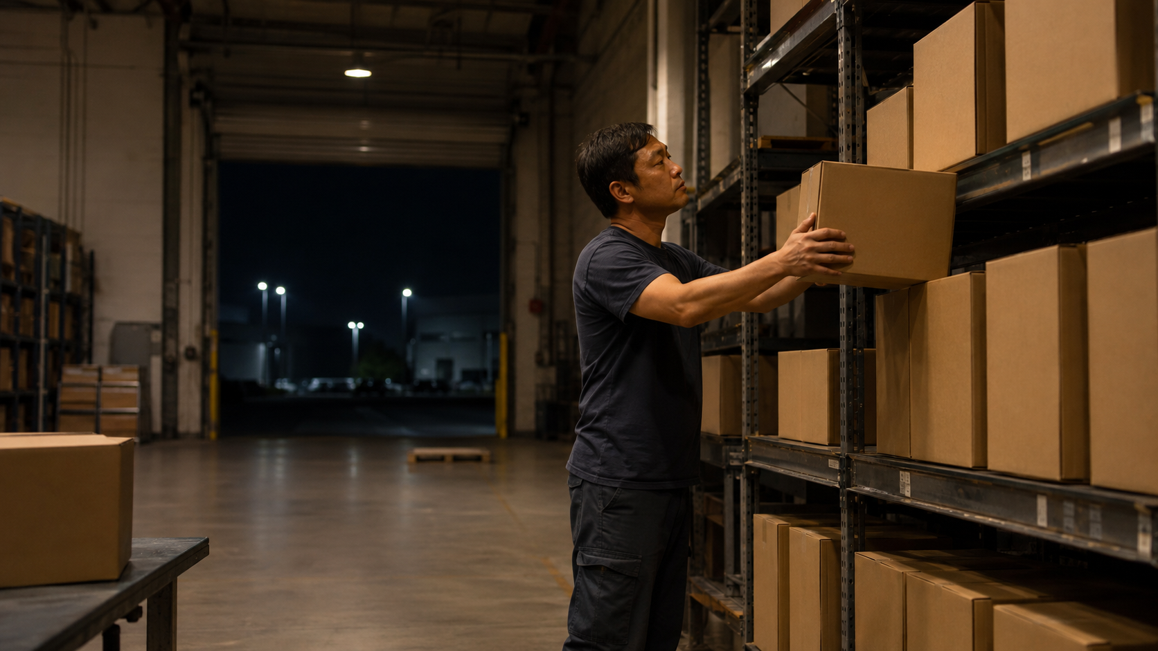 Finishing overtime in a quiet warehouse