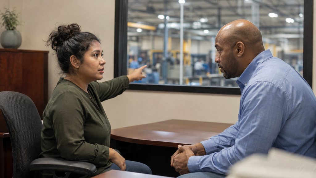 Private compliance conversation overlooking the work floor