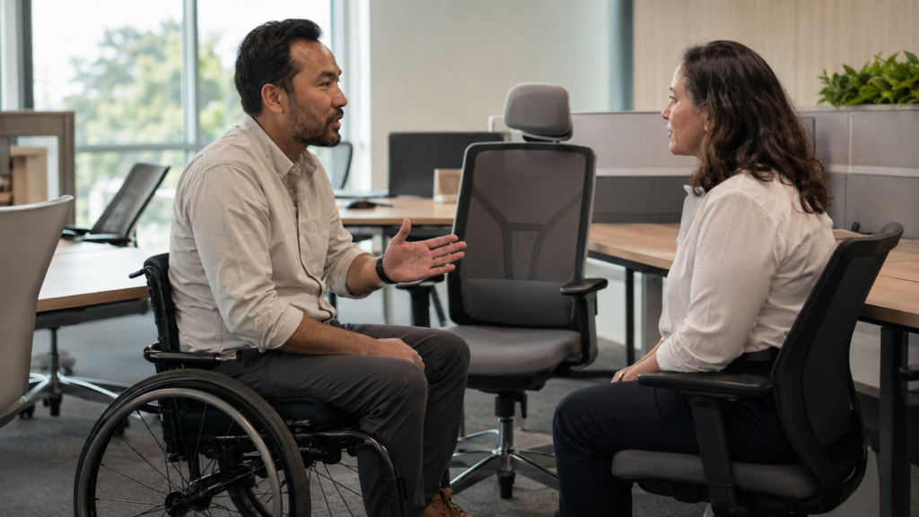 Workplace support conversation beside an ergonomic workstation