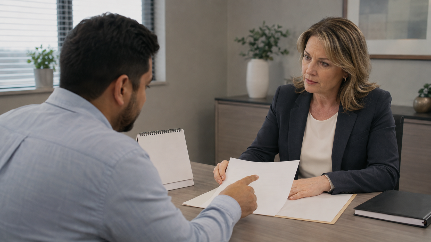 Worker and attorney review payroll documents